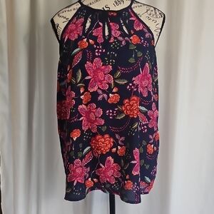 Papermoon Floral Tank Top - Pink and Orange on Navy